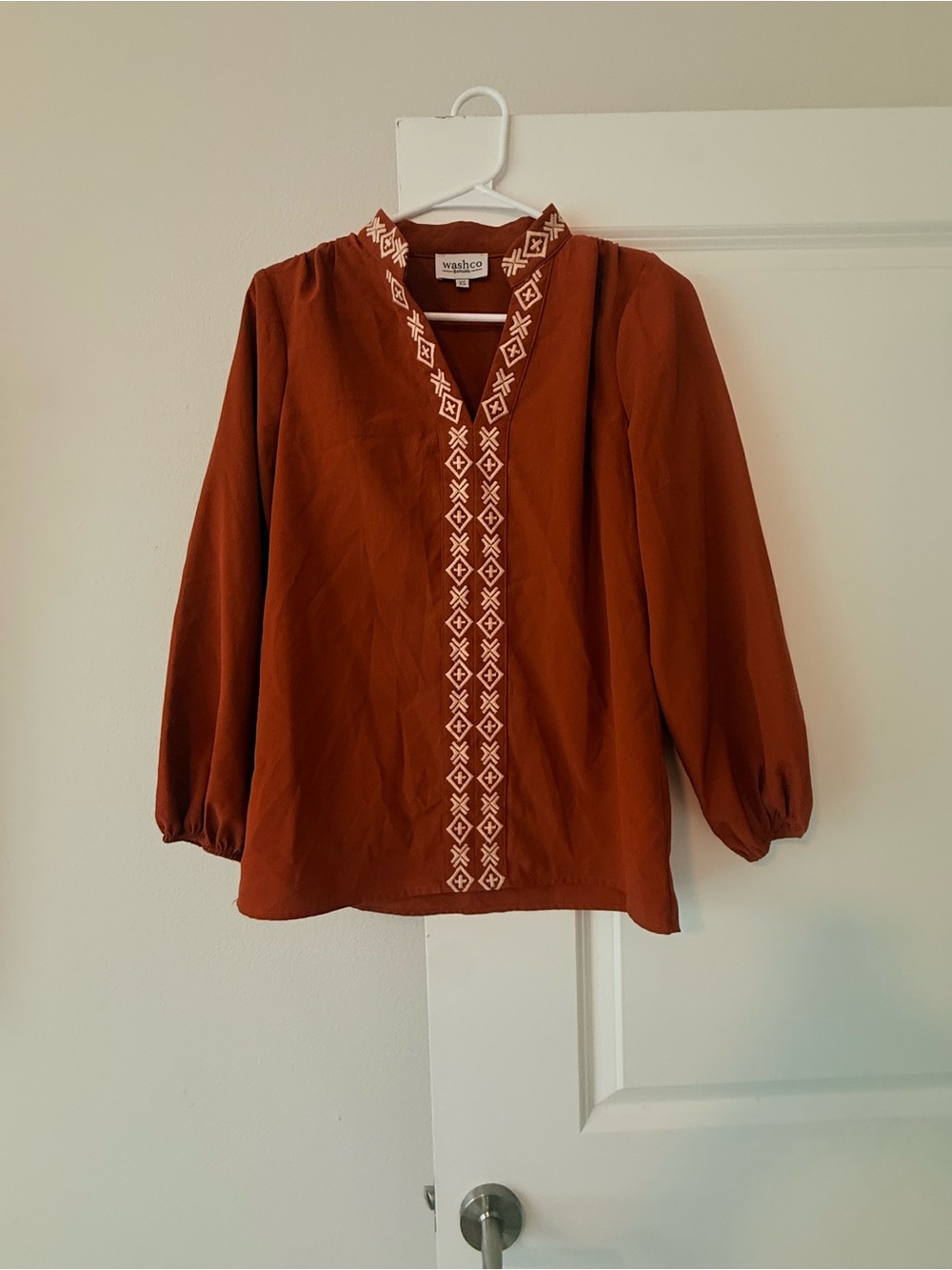 Wasiko Rust Embroidered V-Neck Blouse
